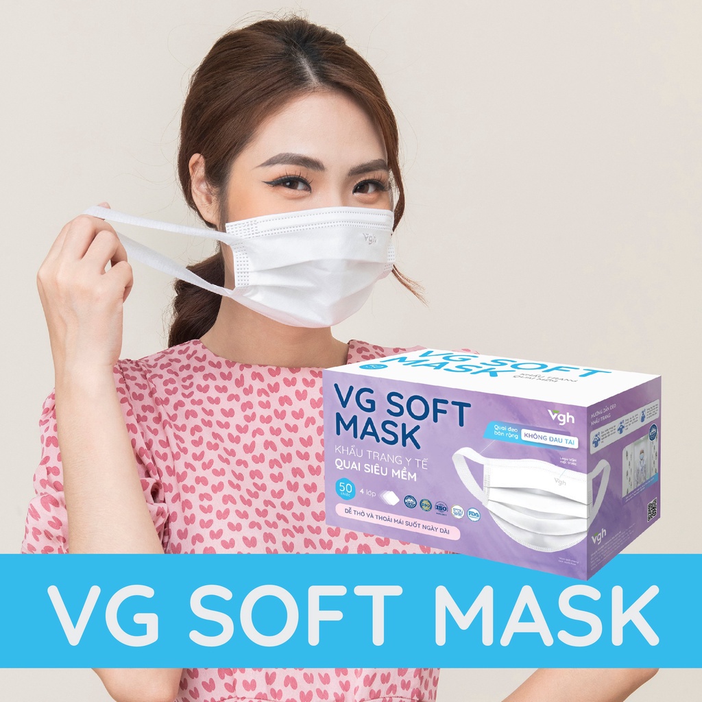 Khẩu trang quai siêu mềm VG Soft Mask lọc khuẩn 95%, dễ thở, không đau tai - Chính hãng VG Healthcare - Hộp 50 chiếc