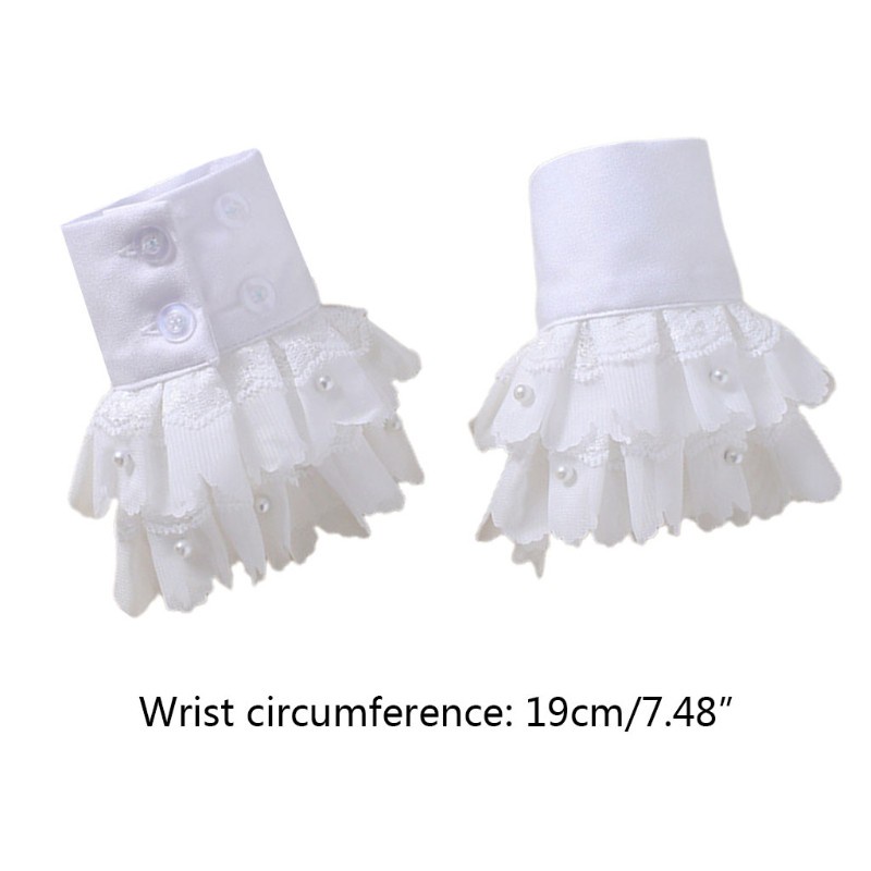 AUTU  Korean Ladies Double Layer Detachable Cuffs Chiffon Pleated Ruffles Lace Imitation Pearl Beading Fake Sleeves Sweater Decorative Wristband Clothing