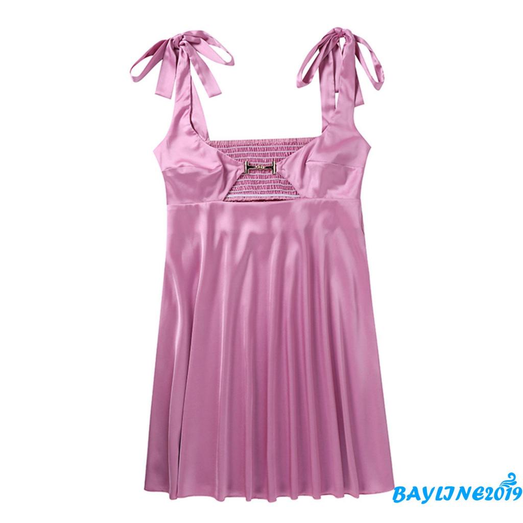 Bay-đầm Satin Không Tay Cổ Chữ U Màu Trơn Cắt Xẻ Cổ Chữ U Cho Nữ