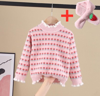 Bộ Áo Sweater Phối Khăn Choàng Cổ Nnjxd Hoạ Tiết Quả Dâu Tây Dễ Thương Dành Cho Bé Gái