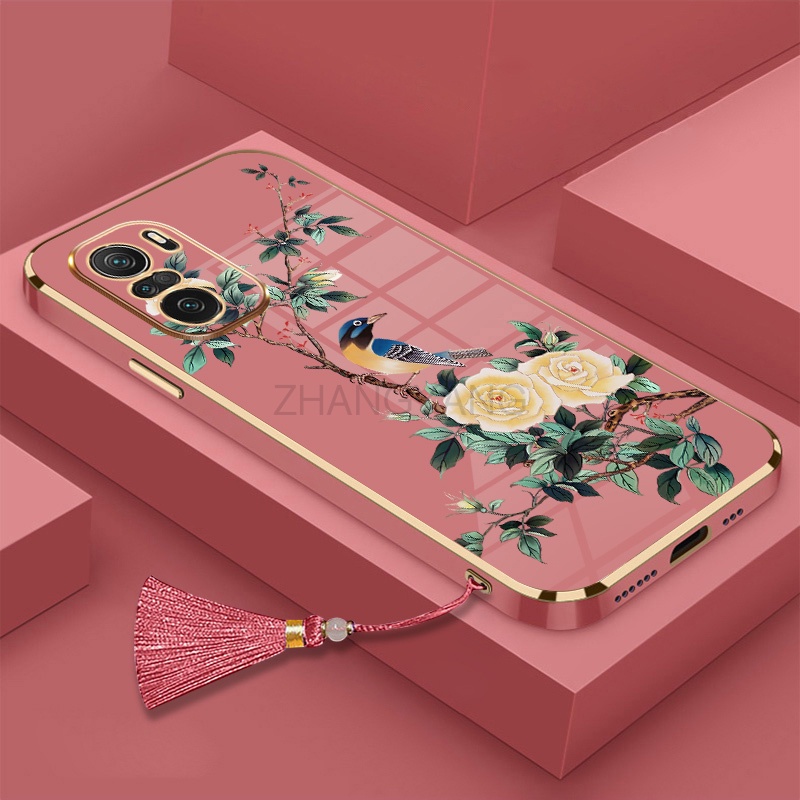 Ốp Điện Thoại Silicon Mềm Mạ Điện Họa Tiết Hoa Và Chim Kèm Dây Đeo Cho Redmi note 10 note 10 pro