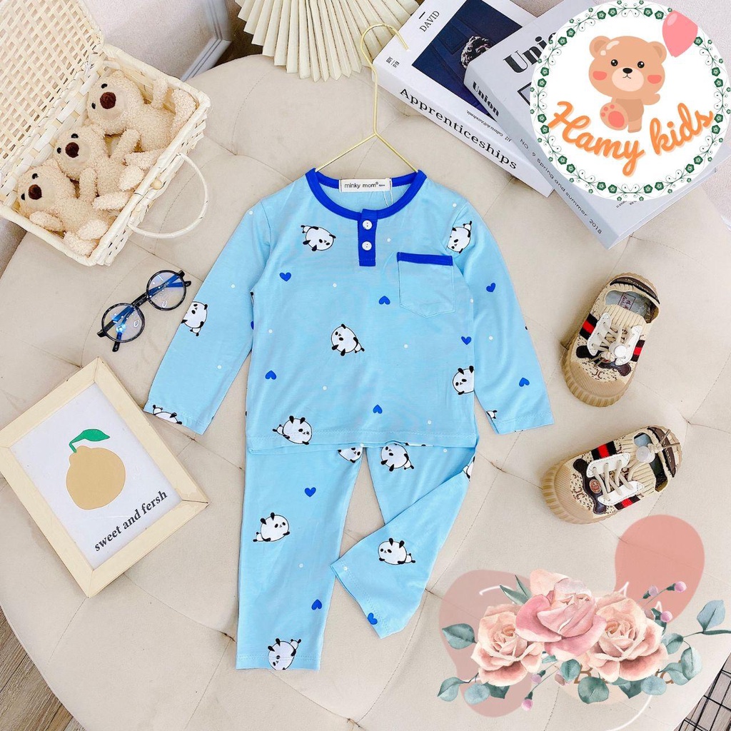 Bộ Minky Mom Chính Hãng Tay Dài Quần Dài Bé Trai Bé Gái Thun Lạnh Cổ Trụ Và Túi Thật Cho Bé 0-5 Tuổi Dưới 20kg-Hamykids