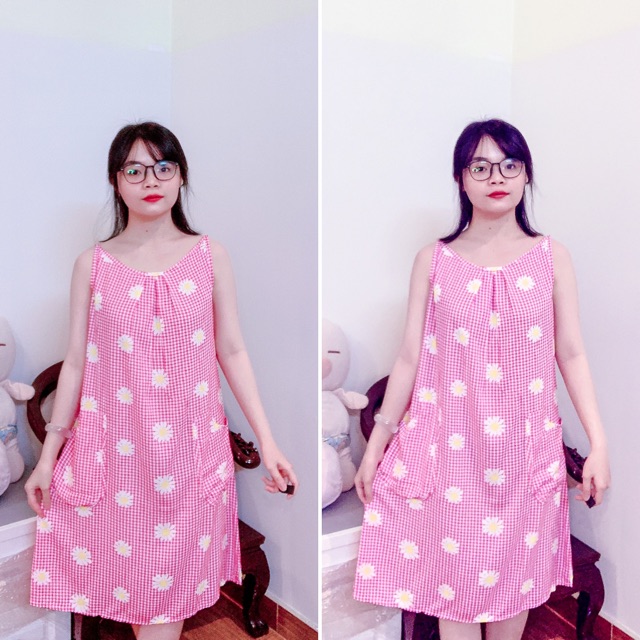 ĐẦM NGỦ/VÁY NGỦ CỔ THUYỀN DÁNG SUÔNG HOẠ TIẾT DỄ THƯƠNG CÓ 2 TÚI