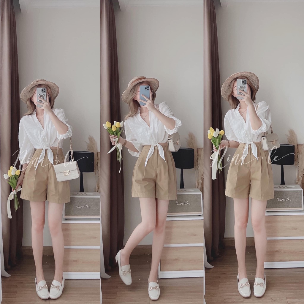 Sét bộ đồ nữ áo sơ mi tay lửng kết cườm phới quần đùi ống rộng xinh xắn giúp nàng nổi bật đi chơi, đi biển