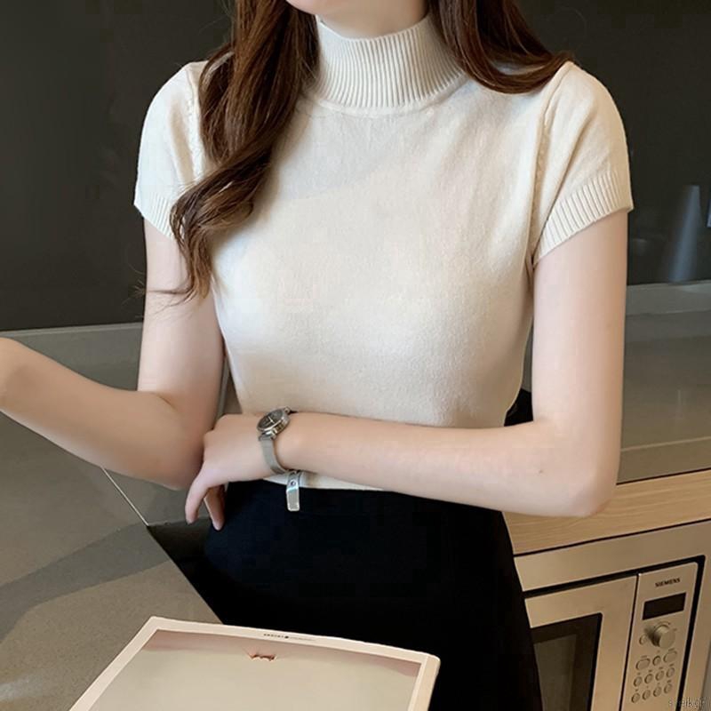 Áo dệt kim nữ cổ lọ tay ngắn màu trơn