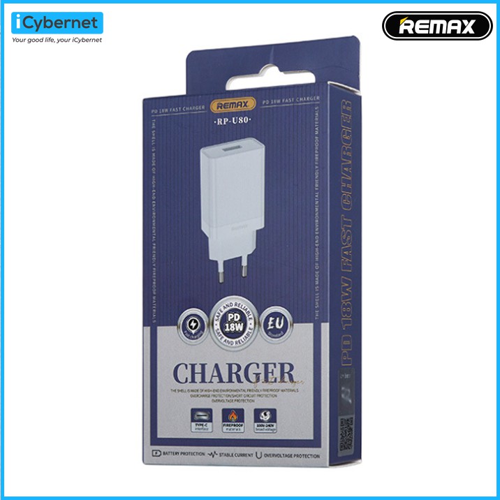 [Hàng chính hãng] Củ sạc nhanh chuẩn PD 18W Remax RP-U80