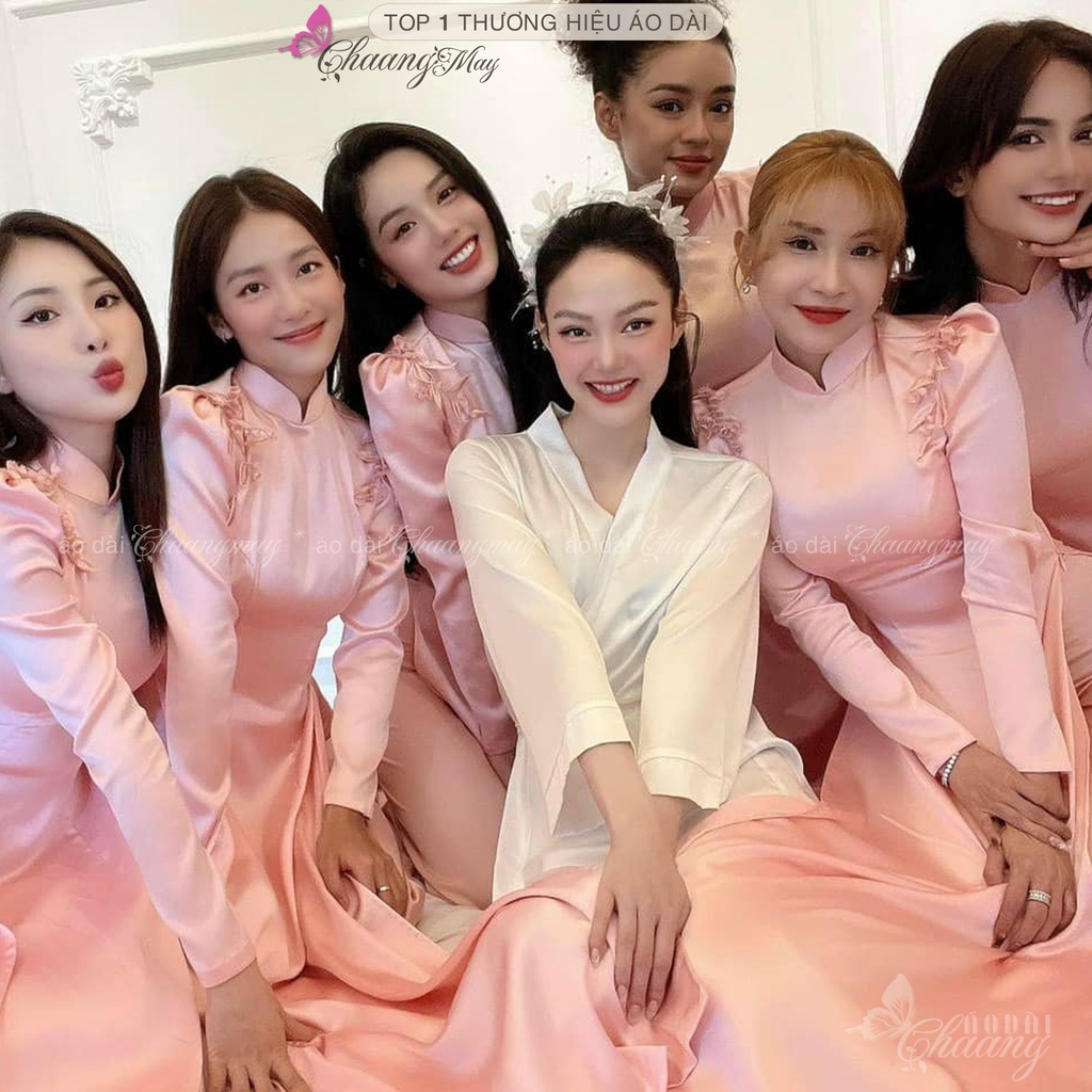 Áo dài truyền thống tay vai bồng phồn glá hoa hồng CHAANG May sẵn lụa ngọc Minh Hằng dự tiệc cưới lễ tết đẹp