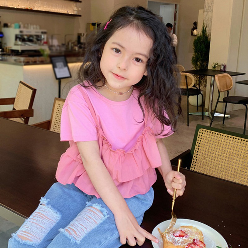 Áo Thun Ngắn Tay Cổ Tròn Giả Hai Lớp Thời Trang Mùa Hè Hàn Quốc Cho Nữ