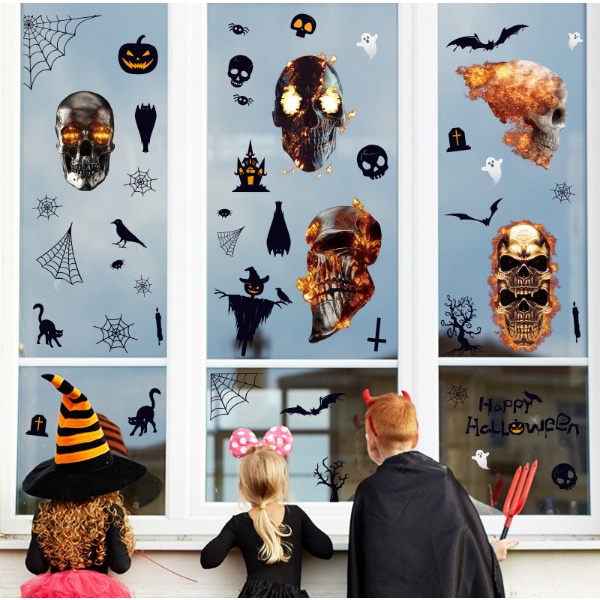 Decal trang trí Halloween hít tĩnh điện - Những chiếc đầu lâu lửa
