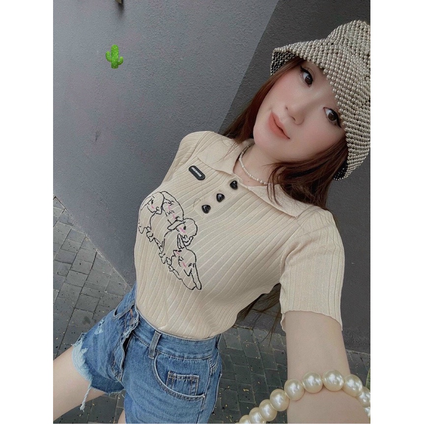 Áo polo nữ ôm body tay ngắn in hình 3 chú thỏ vải thun gân co giãn mềm mại năng động PC171