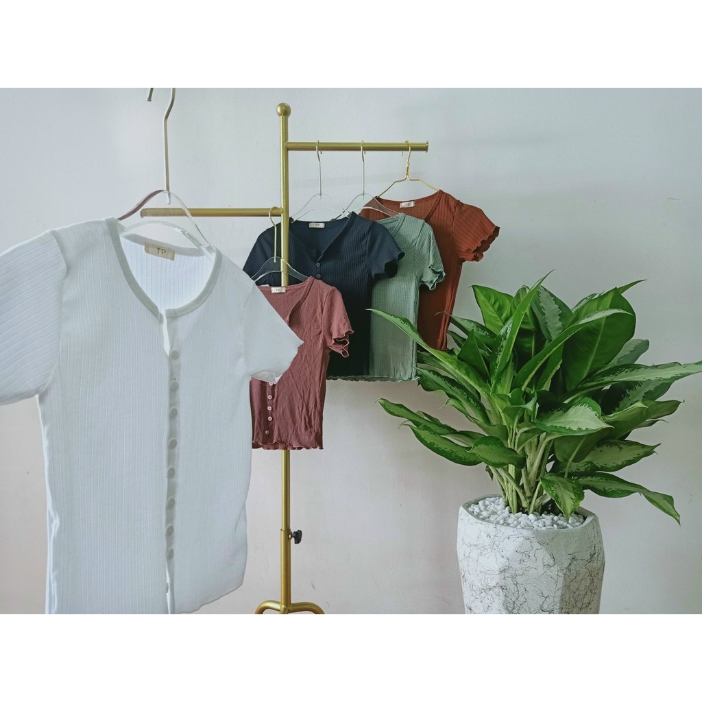 Áo Croptop tay ngắn dáng ôm body phong cách Ulzzang cổ tim chất len tăm phối nút nhiều màu thời trang