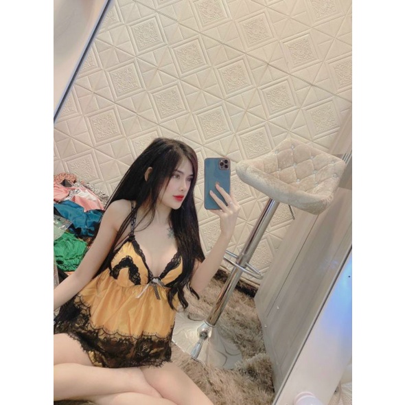 Set đồ ngủ 2 dây áo phối ren gợi cảm sexy phi lụa
