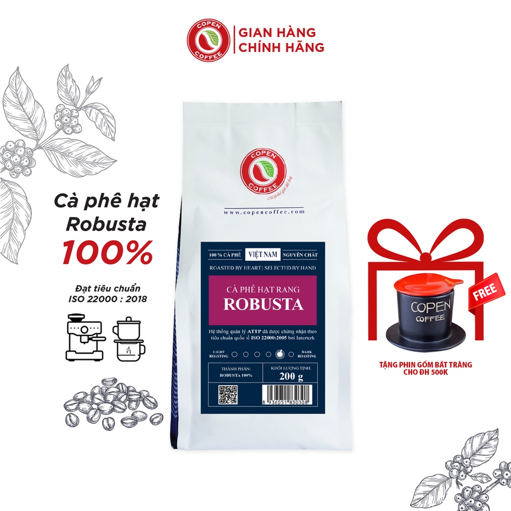 Cà Phê Nguyên Chất Rang Mộc Robusta Copen Coffee - Cà Phê Hạt Pha Máy Espresso, Xay Pha Phin, Gu Đậm, Hậu Vị Sâu - 200g