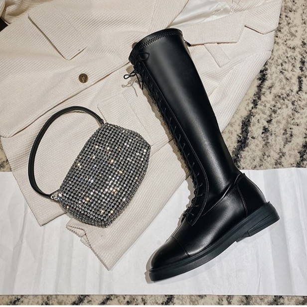 Giày bốt cổ cao mũi tròn gót thấp phối dây cột và khóa kéo ở mặt trước | BigBuy360 - bigbuy360.vn