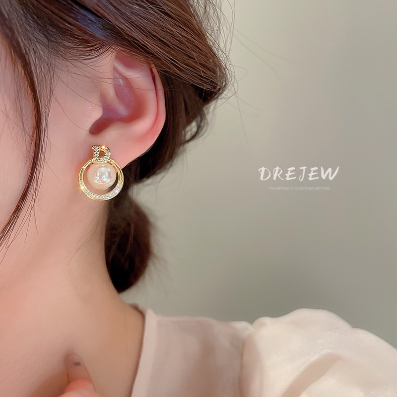 DREJEW Khuyên tai mạ vàng/ bạc đính đá zircon chữ nàng tiên cá ngọc trai cao cấp phong cách Pháp