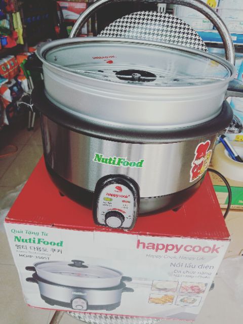 Lẩu điện đa năng nắp kính có xửng hấp Happy Cook HCHP-350ST 1300W 3.5L (Bạc) Hàng quà tặng từ sữa Nutifood