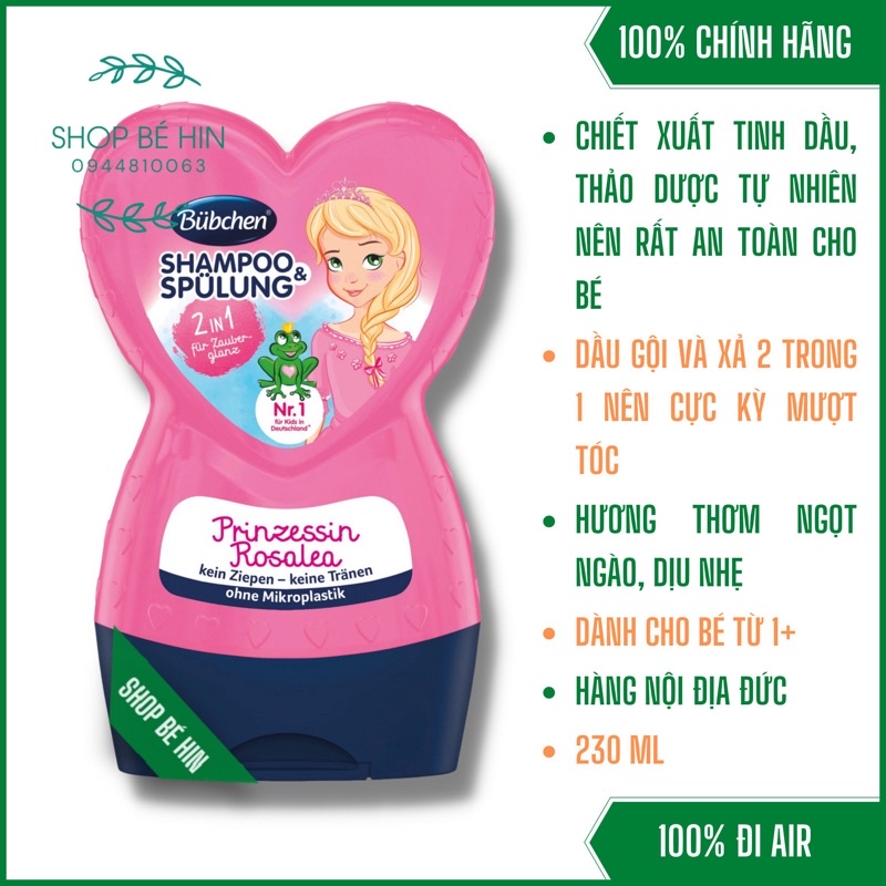 Dầu gội xả Bubchen công chúa Rosalea trái tim 2in1 rất mượt tóc, dành cho bé từ 1 tuổi, Hàng Đức chính hãng