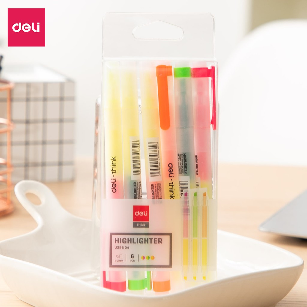 Set 6 chiếc highlight 2 đầu Deli, bút nhớ dòng dạ quang chất lượng cao học sinh văn phòng giá rẻ, nhỏ gọn tiện lợi