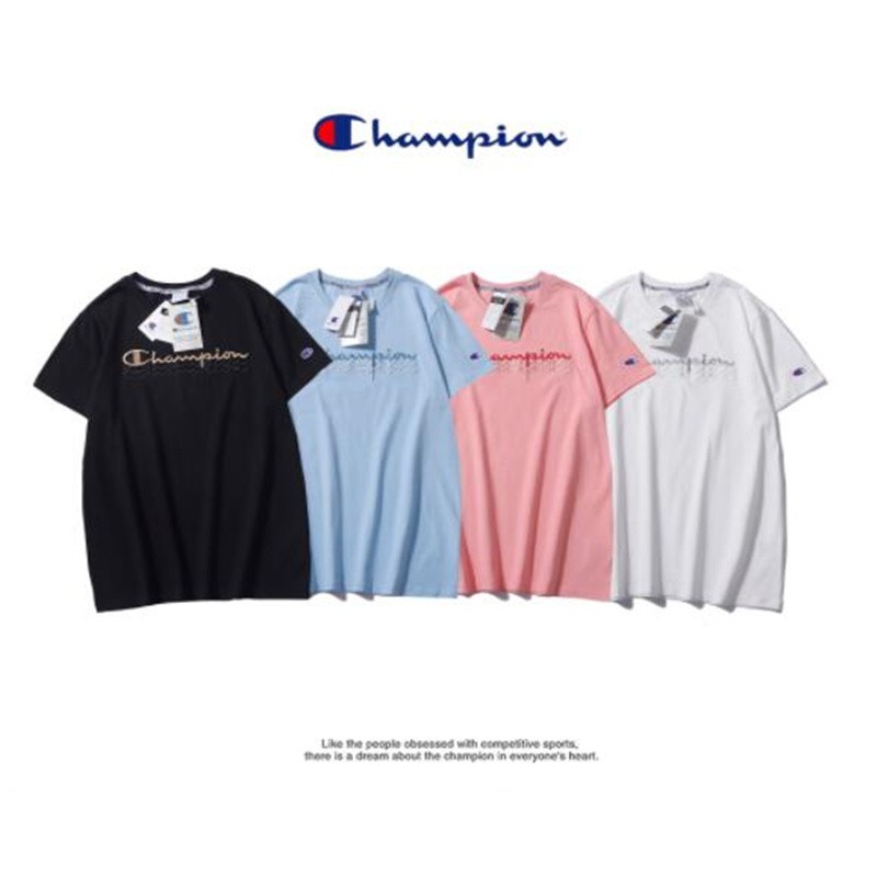 CHAMPION Couples Cotton Embroidered Letter Round Neck Plus Size T-shirt