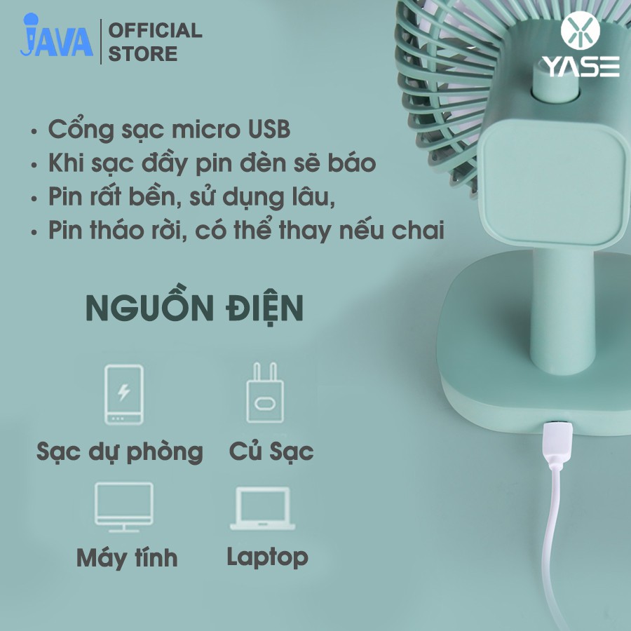 [LOẠI XỊN LỒNG XOAY - CÓ ĐÈN] Quạt tích điện mini Yase Fan-JAVA V1 - Có chân để bàn - 3 tốc độ gió - Dùng 2-4h | BigBuy360 - bigbuy360.vn