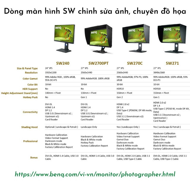 Màn hình BenQ Photographer Monitor SW2700PT 27" QHD 5ms 60Hz AdobeRGB sRGB IPS | BigBuy360 - bigbuy360.vn