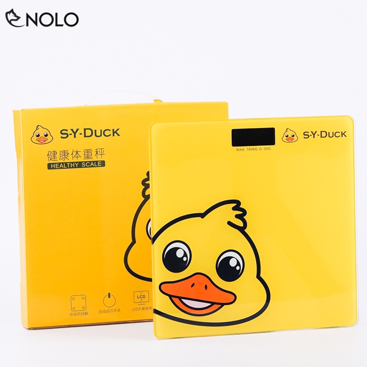 Cân Sức Khỏe Điện Tử Max 180kg Sai Số 50gr Model SY DUCK Hình Chú Vịt Vàng Chất Liệu Bề Mặt Kính Chịu Lực Dùng Nguồn Pin