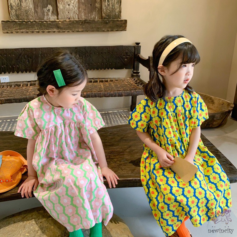 Đầm Tay Ngắn In Hoa Cho Bé Gái