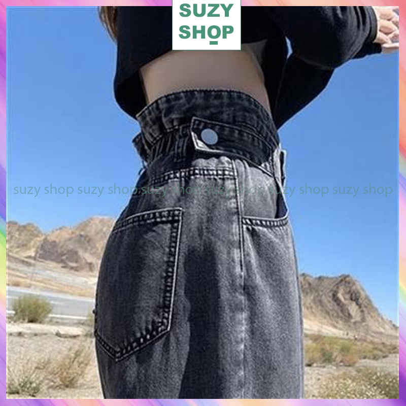 Quần Baggy Jean Lưng Phối Thun Nút Cài, Quần Jean Ống Rộng Dài 100cm