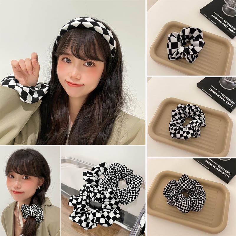 Dây Buộc Tóc Scrunchies Caro Đen Trắng, Không Đau Đầu, Vải Mềm Mịn, Sang Trọng Hàng Taobao Loại 1