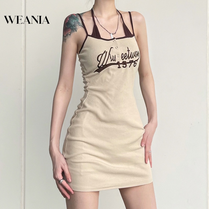 Đầm Hai Dây Hở Lưng In Chữ Phong Cách Hàn Quốc