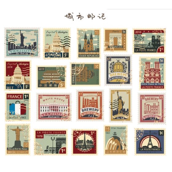 Set 40 Sticker vintage trang trí sổ bullet journal phong cách retro tem dán nhiều chủ đề