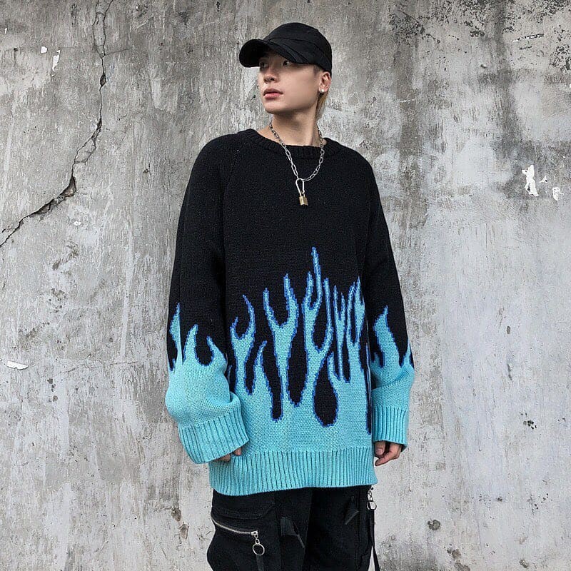 (A240) Áo len sweater oversize họa tiết ngọn lửa blue flame (kèm ảnh thật)