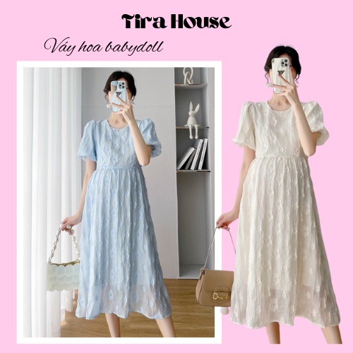 Đầm bầu babydoll thiết kế hoa nổi, váy voan cổ tròn hai lớp, váy bầu xinh hè thu - VB178- Tirahouse