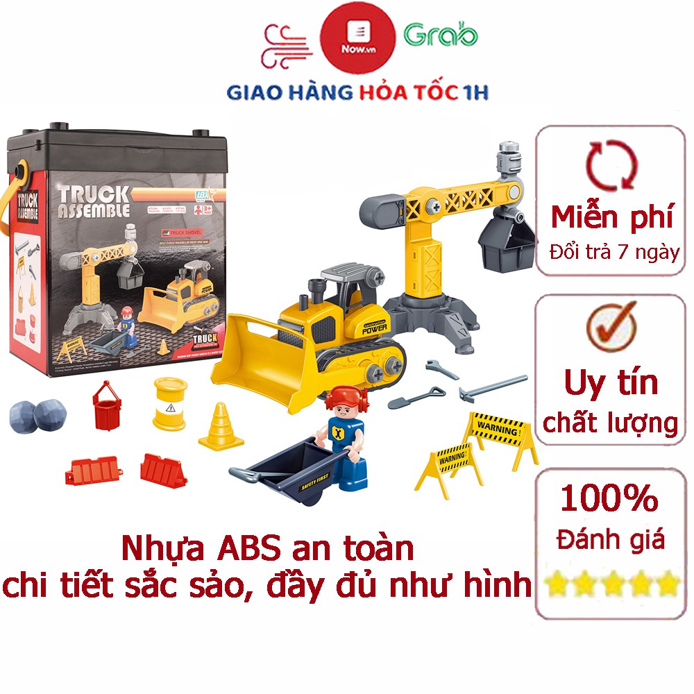 Bộ đồ chơi lắp ghép xe ủi kèm cần trục nâng hàng, công nhân và nhiều chi tiết, nhựa an toàn đẹp