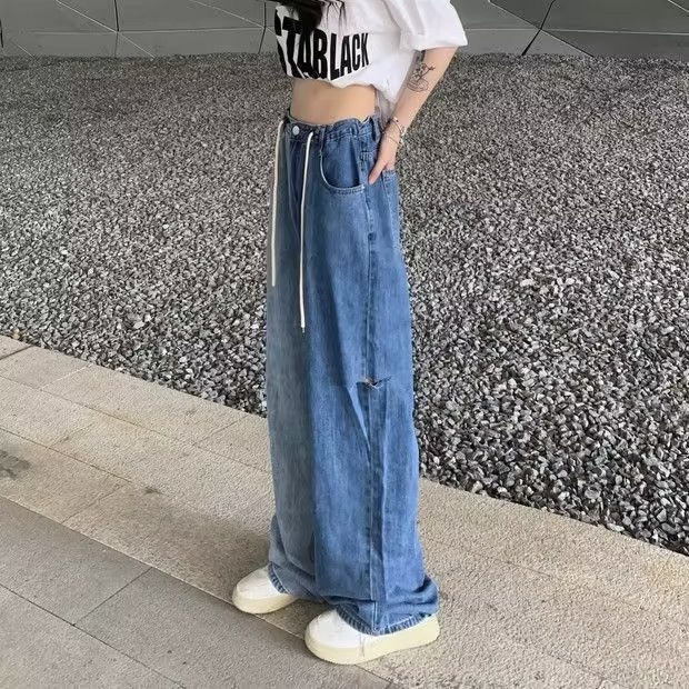 Daduhey Quần Jean Ống Rộng Lưng Cao Phối Dây Rút Màu Sắc Phong Cách Hàn Quốc Thời Trang Cho Nữ