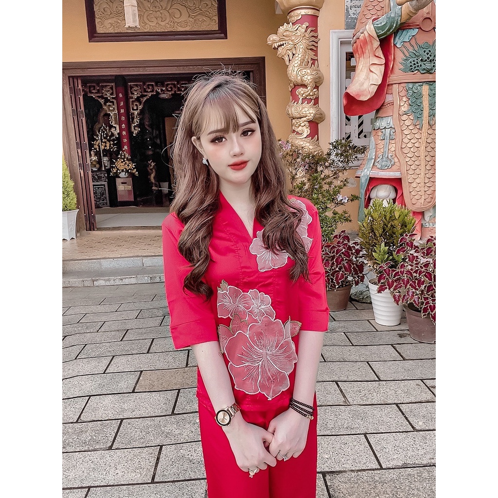 SET ĐỒ LAM ĐI CHÙA THÊU HOA NỔI VẢI LỤA
