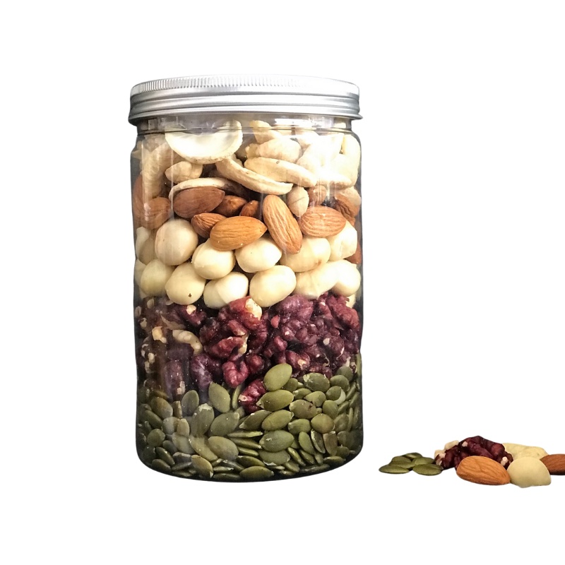 Hạt Dinh Dưỡng Mix 5 Loại PEACE HOUSE (Macca + Óc Chó ĐỎ + Hạnh Nhân, Bí Xanh + Hạt điều) - Hũ 500gr