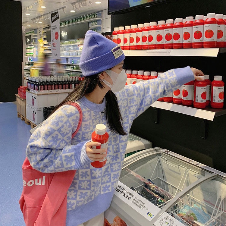 Áo sweater dáng rộng họa tiết sọc caro màu xanh dương sữa phong cách Hàn Quốc thời trang mùa thu cho nữ 2021