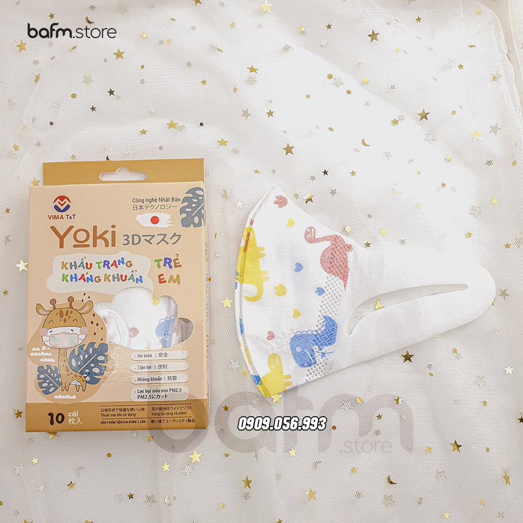 Combo 10c Khẩu Trang  3D Kháng Khuẩn Trẻ Em - Họa tiết hoạt hình cho bé Trai và bé Gái -  Yoki 3D Kids Mask size M