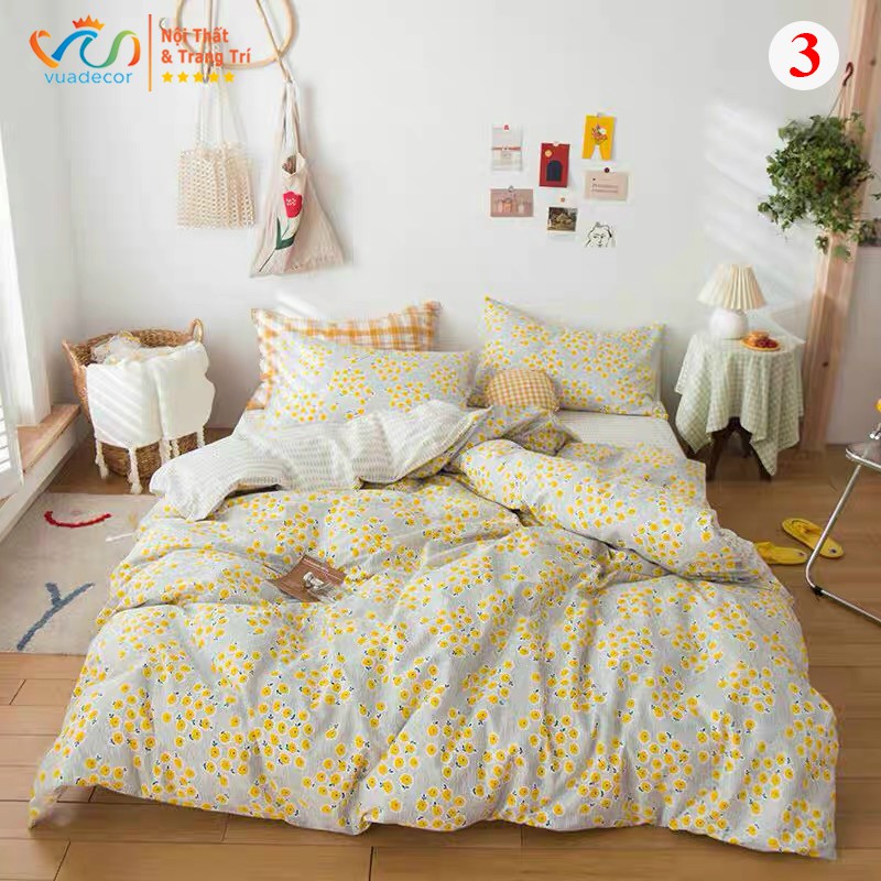 Chăn Ga Gối Cotton Poly Hoa Tiết Hoa Lá Trang Trí, Decor Phòng Ngủ Phong Cách Hàn Quốc - Hàng nhập khẩu ( không ruột )