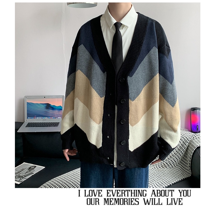 Áo cardigan nam oversize, áo khoác len nam dáng rộng phối màu trẻ trung