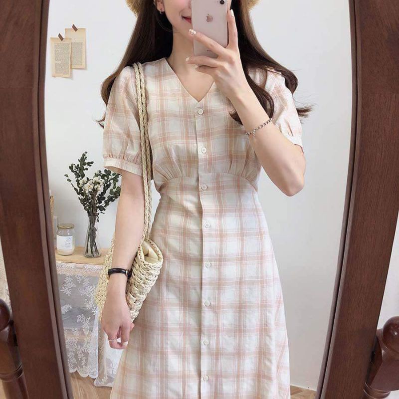 Váy kẻ caro Ulzzang dáng dài 💖VIDEO/ẢNH THẬT💖 Đầm caro cài cúc 2 màu Xanh và Hồng dễ dàng phối đồ phong cách dạo phố | BigBuy360 - bigbuy360.vn