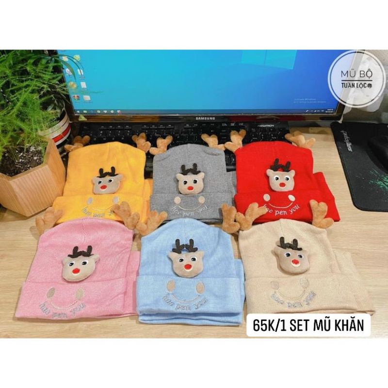 Mũ Len Tuần Lộc Kèm Khăn Siêu Ấm Cho Bé 4 - 16 Tháng Tuổi