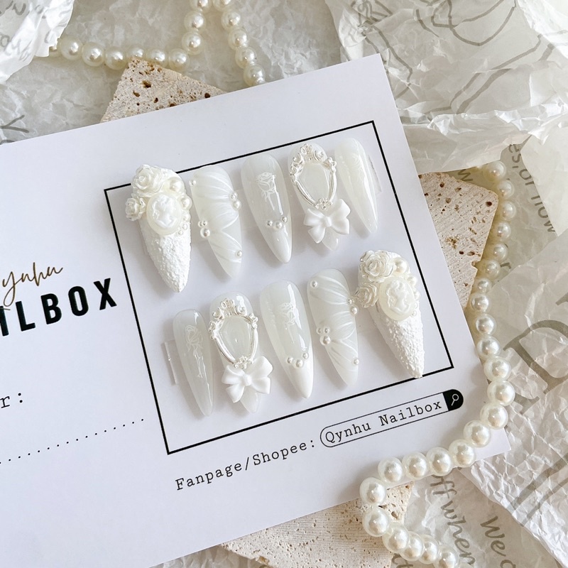 NAILBOX trắng hoa hồng charm nơ thiết kế theo size