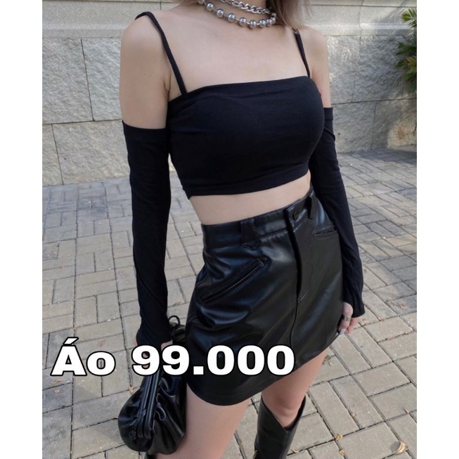 Áo croptop 2 dây màu đen,áo crt thun nữ kiểu ôm body tay dài sexy cá tính đẹp,ngầu giá rẻ