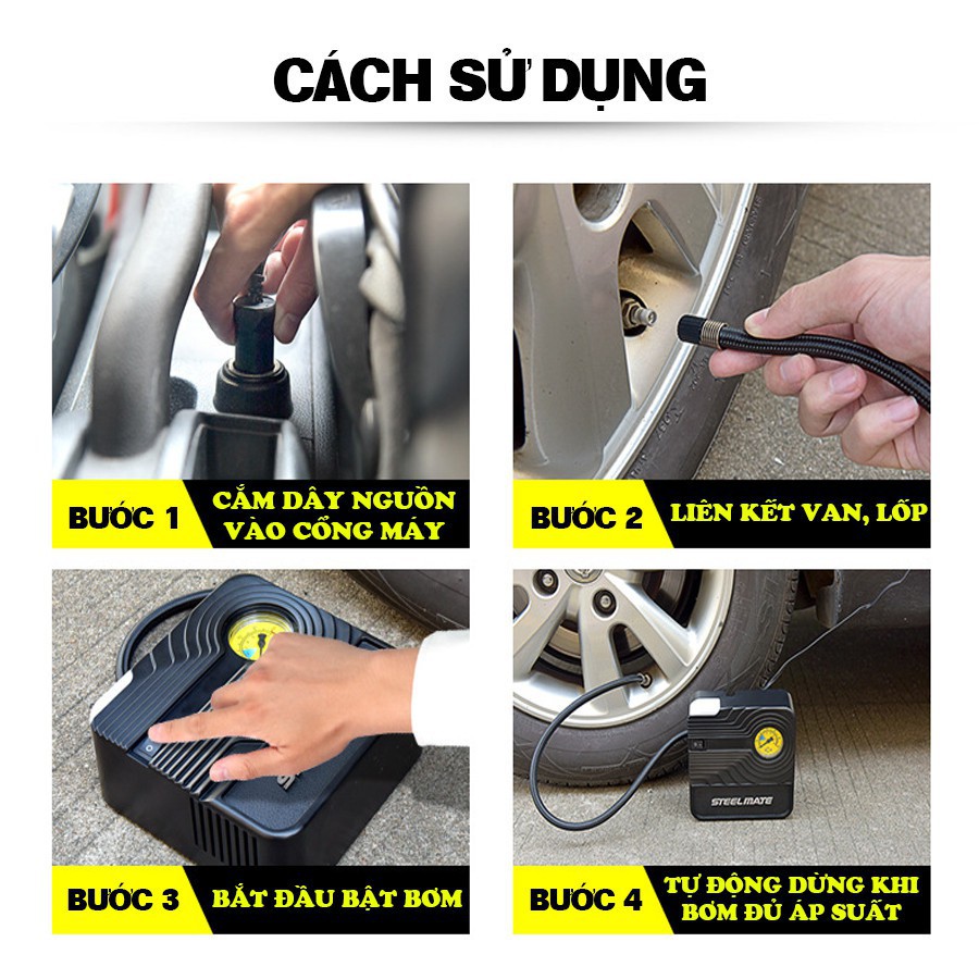 Bơm Lốp ô tô Steelmate - Mặt Đồng Hồ điện Tử - Bơm Thông Minh, Có Chế Độ Tự Ngắt.