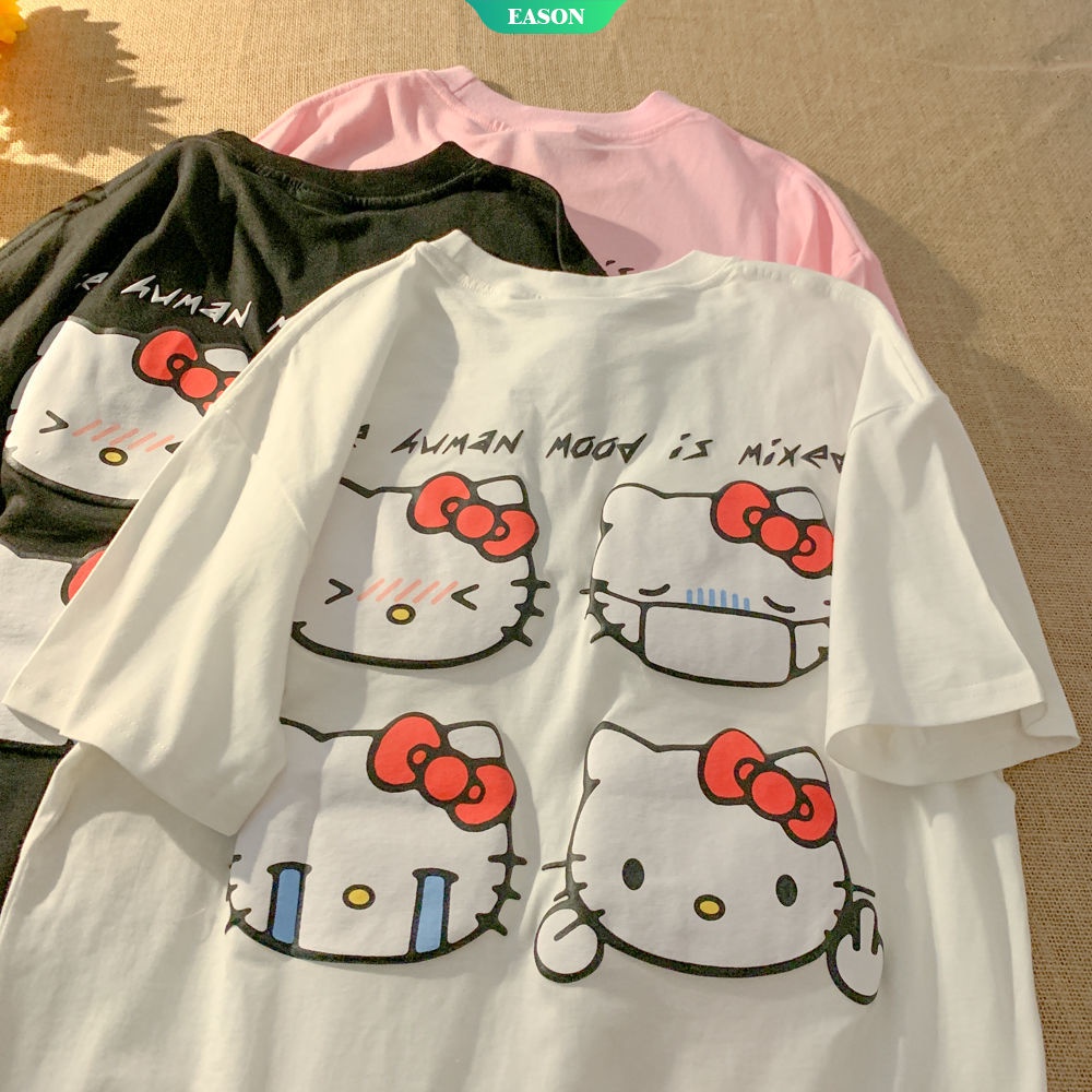 Áo Thun Tay Ngắn Dáng Rộng In Họa Tiết Hoạt Hình Hello Kitty Phong Cách Nhật Bản Thời Trang Mùa Hè Cho Nữ