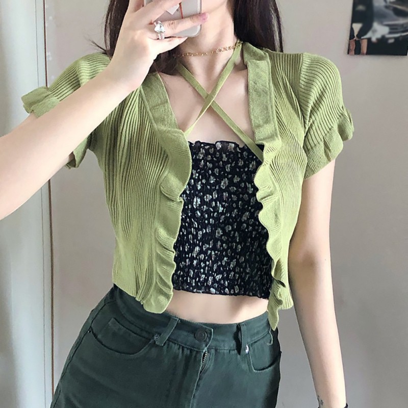 Áo dệt kim tay ngắn phong cách Hàn Quốc cho nữ