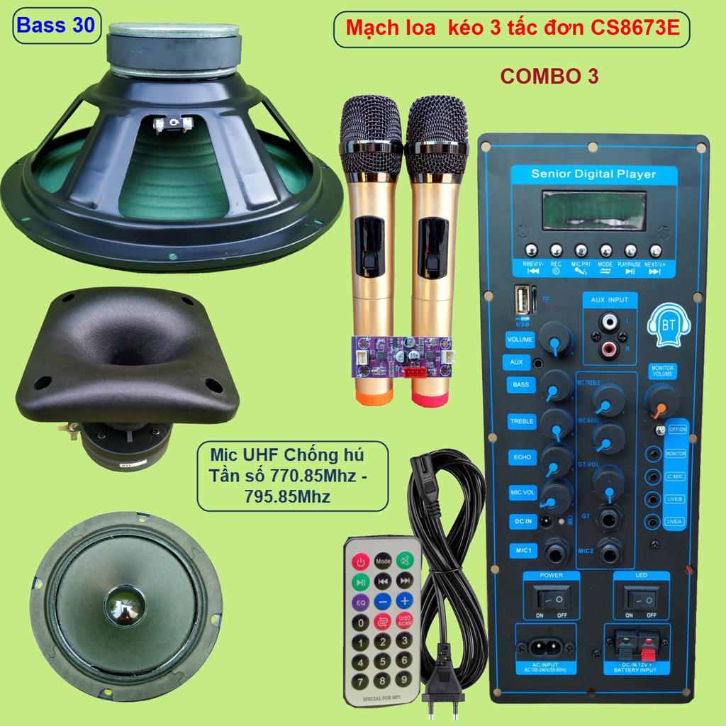 Mạch loa kéo 3 tấc đơn 3 đường tiếng CS8673E 130W LIVESTREAM - DSP lập trình chống hú, chỉnh Bass Treble Micro