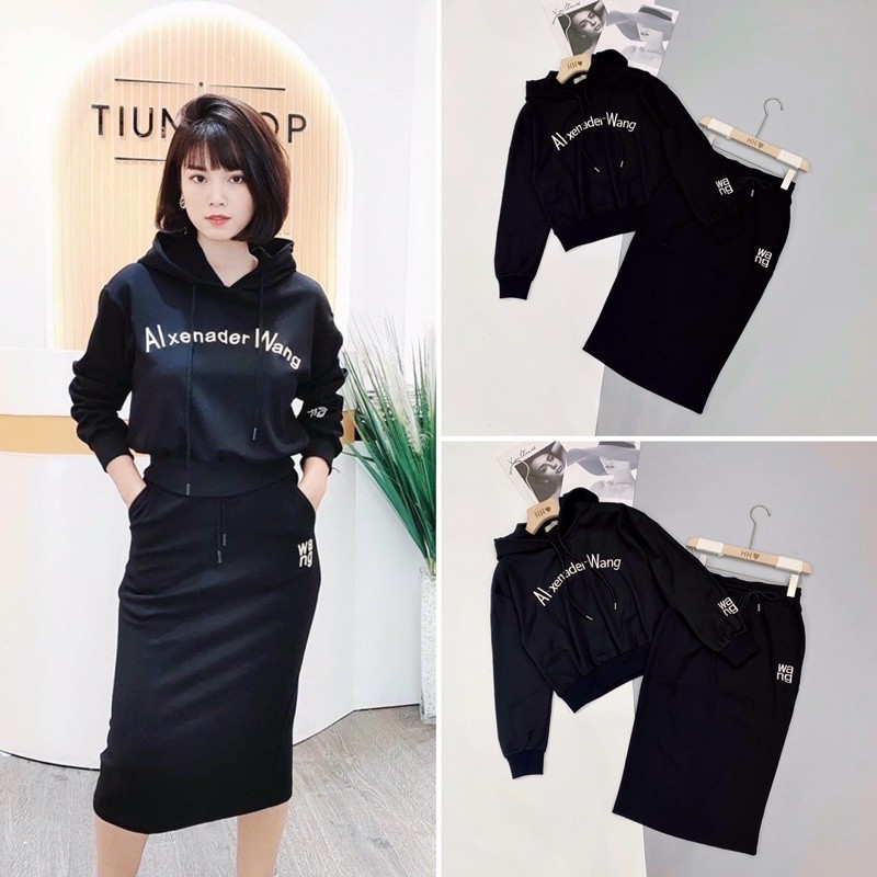 S0274 Set Váng Wa Cá Tính Phối Áo Hoodie Thêu Chữ Nổi và Chân Váy Dài Chữ A